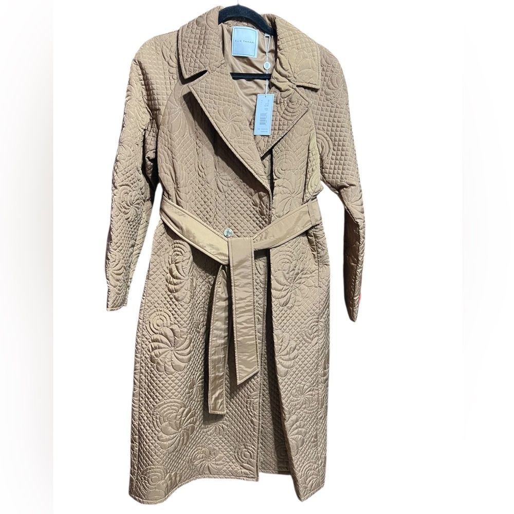 Elie Tahari Floral Diamond Quilted Trench Coat Belt & Snap Closure w Pickets - Picture 2 of 6